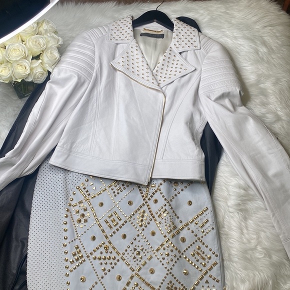 Versace Leather MIDI Skirt Runway Edition Oyster Color Gold Embellishment - Picture 12 of 13